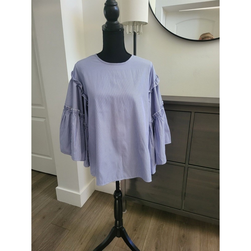 DRA ANTHROPOLOGIE Striped Bell Sleeve with ruffles Blouse Size Large